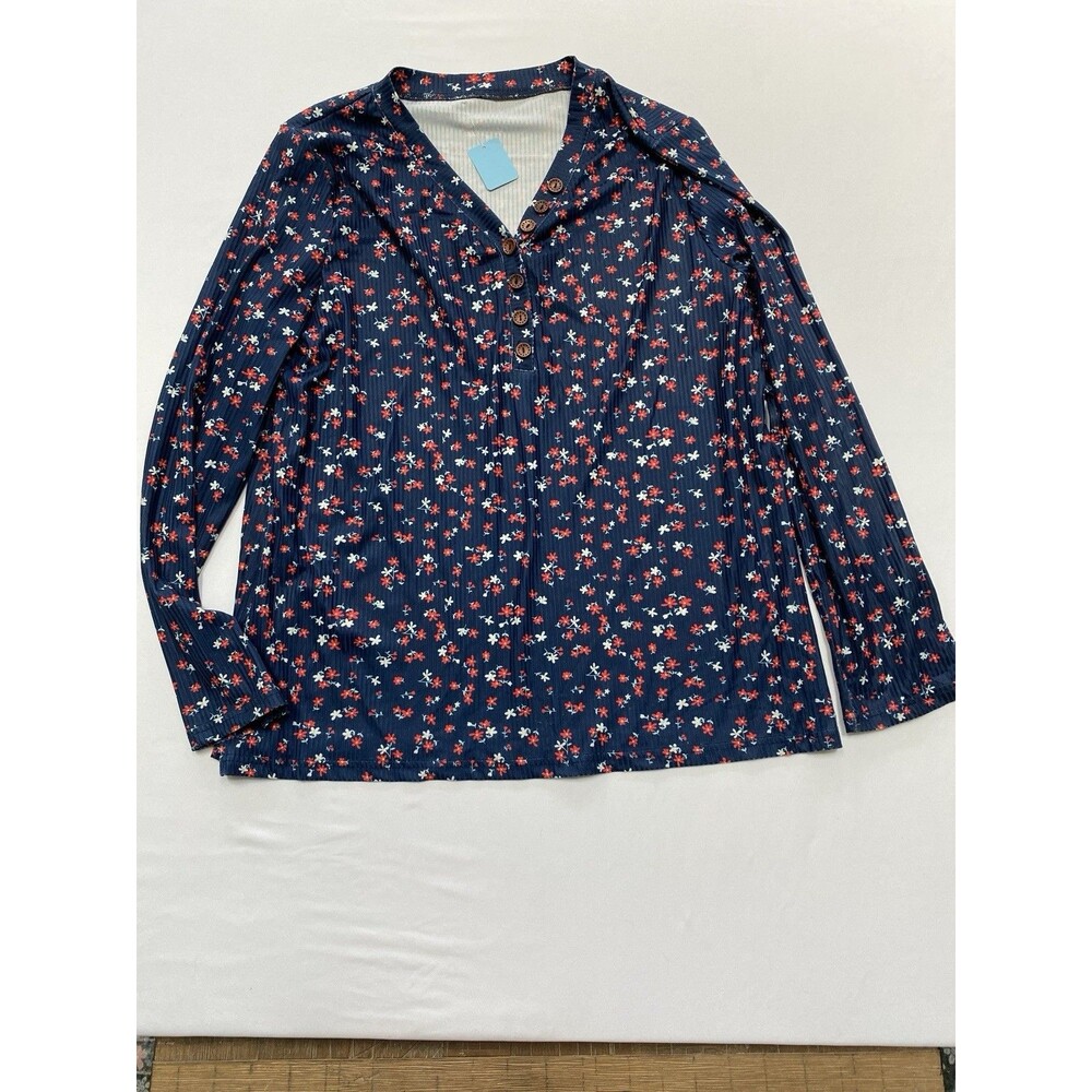 NWOT Boutique Floral Henley Top 2XL Ribbed Cottagecore Long Sleeve